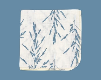 Blue Feather Reed on White Linen Cocktail Napkin Coaster Drink Ware (set of 4)