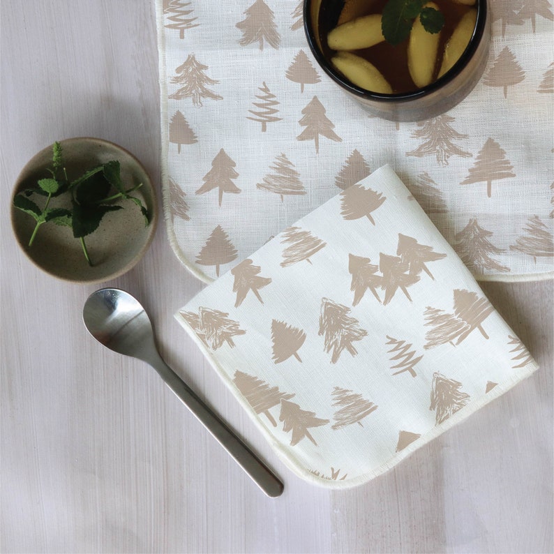 Cocktail Napkins White Linen with Evergreen Trees Pattern Available in Several Colors Christmas Mid Mod Designs Bohemian set of 4, 6, or 8 Taupe