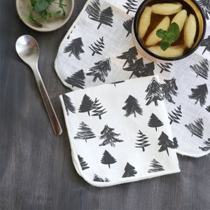 Cocktail Napkins White Linen with Evergreen Trees Pattern Available in Several Colors Christmas Mid Mod Designs Bohemian set of 4, 6, or 8 Gray
