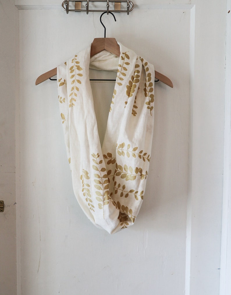 Infinity Scarf Linen Infinity Scarf Gold Infinity Scarf Linen Women's Scarf Hand Printed Scarf Soft Infinity Scarf Linen Circle Scarf Gold 画像 4