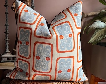 Hand Block Print Retro Floral Pillow Cover, Blue Orange Cotton, Bold Eclectic Home Decor Gift, Artisan Throw Pillow
