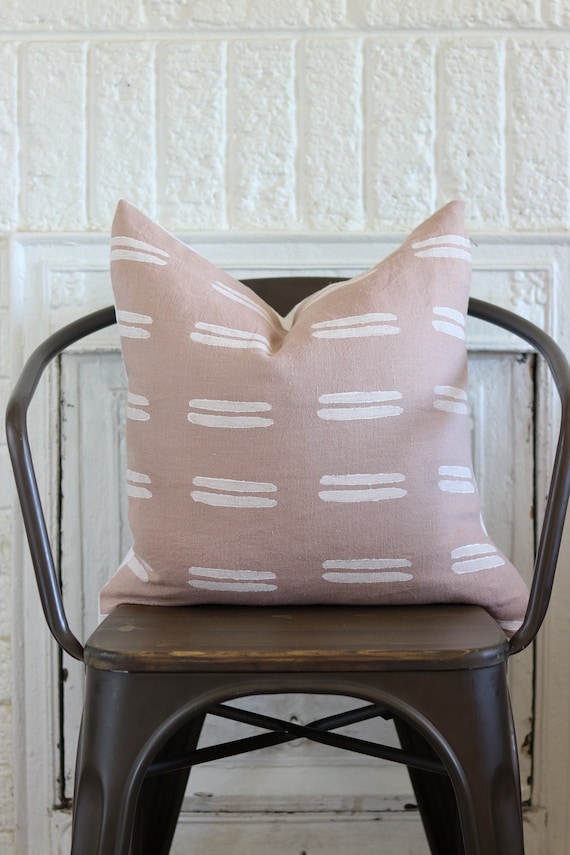 Hand Block Printed Linen Pillow Cover: Boho Pink Geometric Design (20x20)