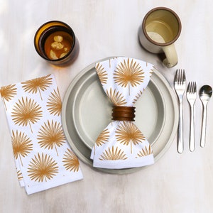 Cotton Dinner Napkins with Palm Leaves Design in Various Colors Boho on Bright White Cotton Organic Tropical Midcentury Modern Dining Decor Yellow