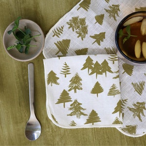 Cocktail Napkins White Linen with Evergreen Trees Pattern Available in Several Colors Christmas Mid Mod Designs Bohemian set of 4, 6, or 8 Green