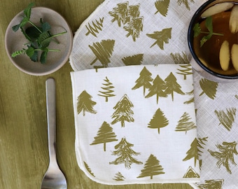 Cocktail Napkins White Linen with Evergreen Trees Pattern Available in Several Colors Christmas Mid Mod Designs Bohemian (set of 4, 6, or 8)