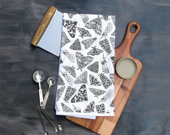 Moths Pattern on Tea Towel Insect Bug Animal Fauna Kitchen Decor White Flour Sack Kitchen Towel Natural Organic Print Neutral & Warm Colors