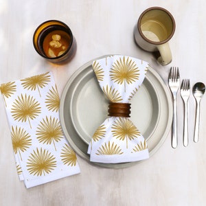 Cotton Dinner Napkins with Palm Leaves Design in Various Colors Boho on Bright White Cotton Organic Tropical Midcentury Modern Dining Decor Gold