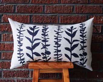 Navy Eucalyptus Linen Pillow Cover Throw Pillow Cover Boho Pillow Boho Chic Home Decor Hand Made Home Goods Botanical Print Pillow Mid Mod