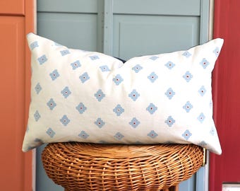 Hand Block Print Lumbar Pillow Cover, French Country Floral Cushion, Slate Blue Accent Pillow