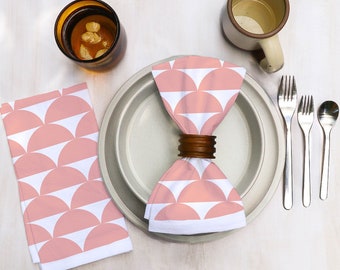 Cotton Cloth Dinner Napkins in Pink Original Boho Designs on Bright White Cotton Geometric and Organic Modern Midcentury Dining Decor