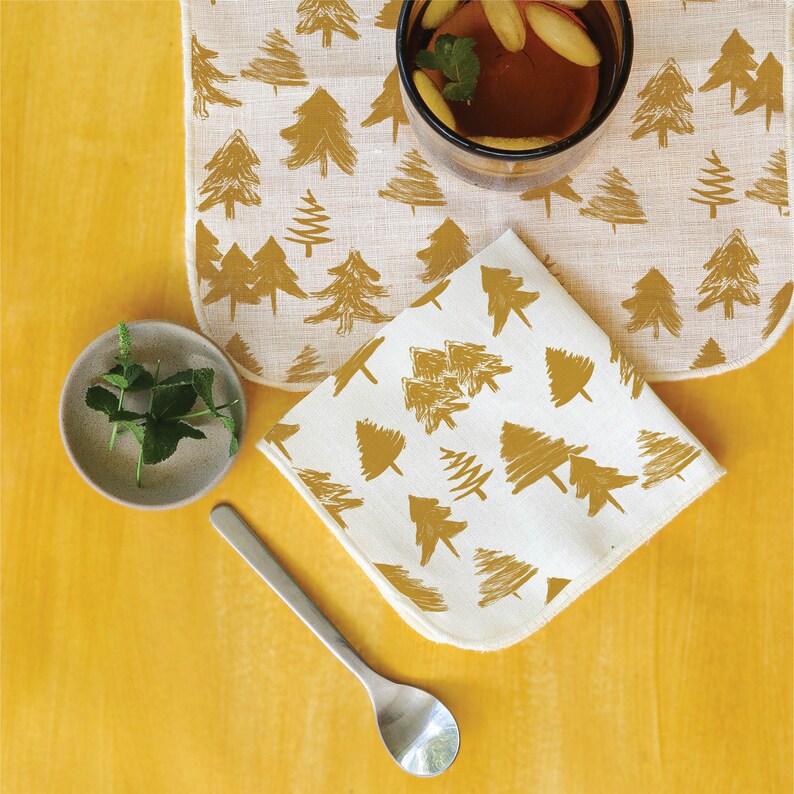 Cocktail Napkins White Linen with Evergreen Trees Pattern Available in Several Colors Christmas Mid Mod Designs Bohemian set of 4, 6, or 8 Gold