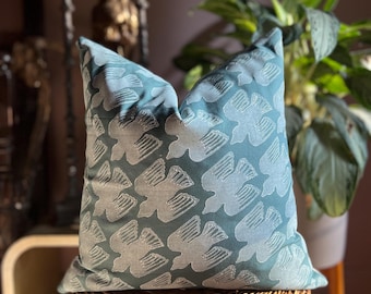 Handmade Block Print Bird Pillow Cover, Norwegian Folk Art Slate Blue, Housewarming Gift, Artisan Throw Pillow