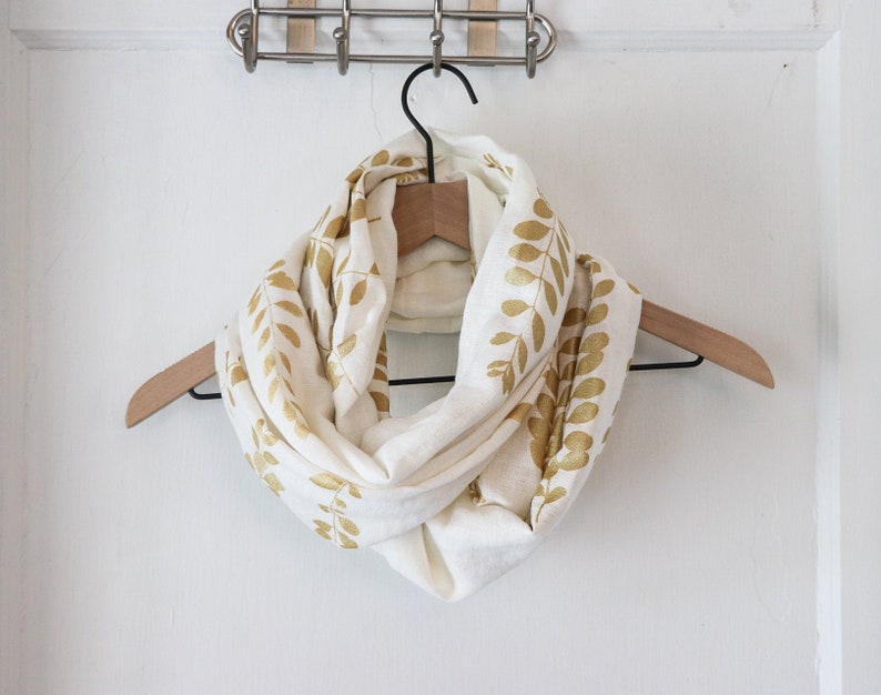 Infinity Scarf Linen Infinity Scarf Gold Infinity Scarf Linen Women's Scarf Hand Printed Scarf Soft Infinity Scarf Linen Circle Scarf Gold image 1