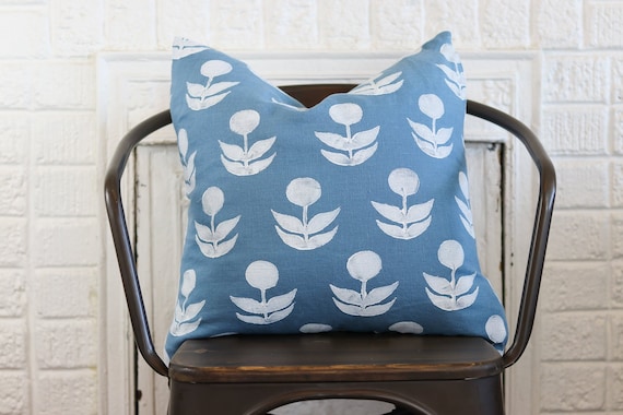 Blue Floral Pillow Cover Scandinavian Decor Scandinavian Pillow Blue Linen Pillow Pillow Case Zippered Pillow with Insert Mid Modern Decor