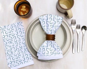 Cotton Dinner Napkins with Checked Small Squares Geometric Design in Various Colors on Bright White Cotton Midcentury Modern Dining Decor