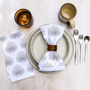 Cotton Dinner Napkins with Palm Leaves Design in Various Colors Boho on Bright White Cotton Organic Tropical Midcentury Modern Dining Decor Silver