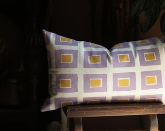 Hand Block Print Frame Retro Pillow Cover, Lavender Deep Yelliw  Cotton, Bold Eclectic Home Decor Gift, Artisan Throw Pillow