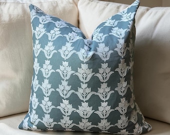 Hand Block Print Floral Pillow Cover: Blue Folk Art Cotton Case (18x18) Custom Pillow Case