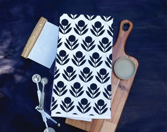 INDIGO Boho Original Designs on Tea Towels Flour Sack Bright White Cotton Kitchen Dish Towel Midcentury Modern Kitchen Decor Navy Dark Blue