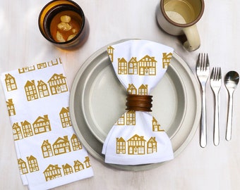 Cotton Cloth Dinner Napkins in Gold Original Boho Designs on Bright White Cotton Geometric and Organic Modern Midcentury Dining Decor