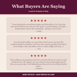 May include: A graphic display titled What Buyers Are Saying featuring three five-star customer reviews about block print pillows. The text includes testimonials from Kathy, Erin, and Catherine, with the footer Muse Textiles Hand Printed Pillows.