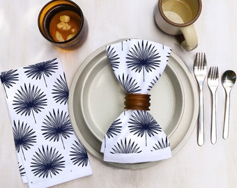 Cotton Cloth Dinner Napkins in Indigo Original Boho Designs on Bright White Cotton Geometric and Organic Modern Midcentury Dining Decor