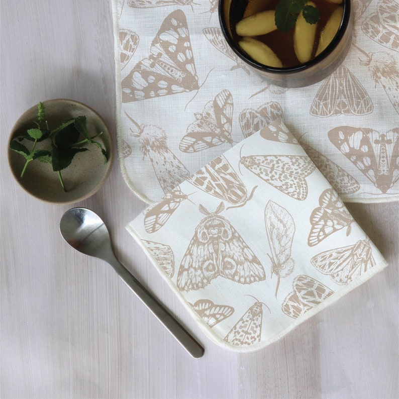 Cocktail Napkins White Linen with Moths Pattern in Several Colors Organic Natural Designs Bohemian set of 4, 6, or 8 Taupe