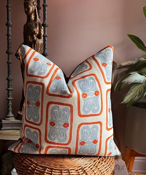 Blue and Orange Funky Throw Pillows Hand Block Print Pillow Designer 22x22 Pillow Cover Custom Pillow Shams Retro Boho Pillow Cover 18x18