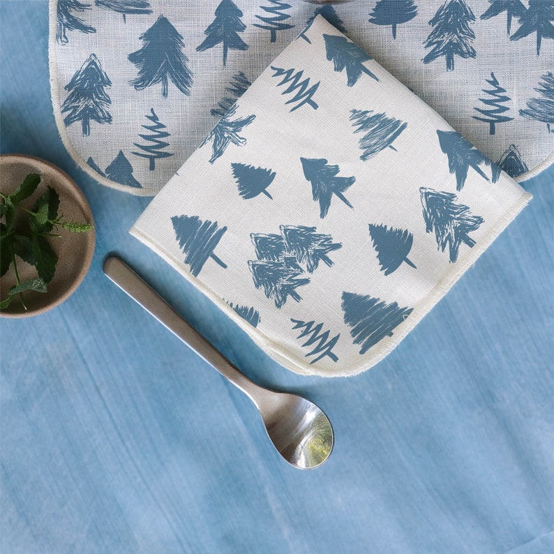 Cocktail Napkins White Linen with Evergreen Trees Pattern Available in Several Colors Christmas Mid Mod Designs Bohemian set of 4, 6, or 8 Blue