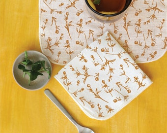 Cocktail Napkins White Linen with Patterns printed in Yellow Abstract and Organic Designs Bohemian Midcentury Modern (set of 4, 6, or 8)
