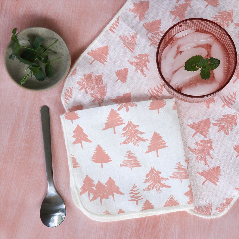 Cocktail Napkins White Linen with Evergreen Trees Pattern Available in Several Colors Christmas Mid Mod Designs Bohemian set of 4, 6, or 8 Pink