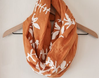 Infinity Scarf Linen Infinity Scarf Orange Infinity Scarf Linen Women's Scarf Hand Printed Scarf Soft Infinity Scarf Linen Circle Scarf