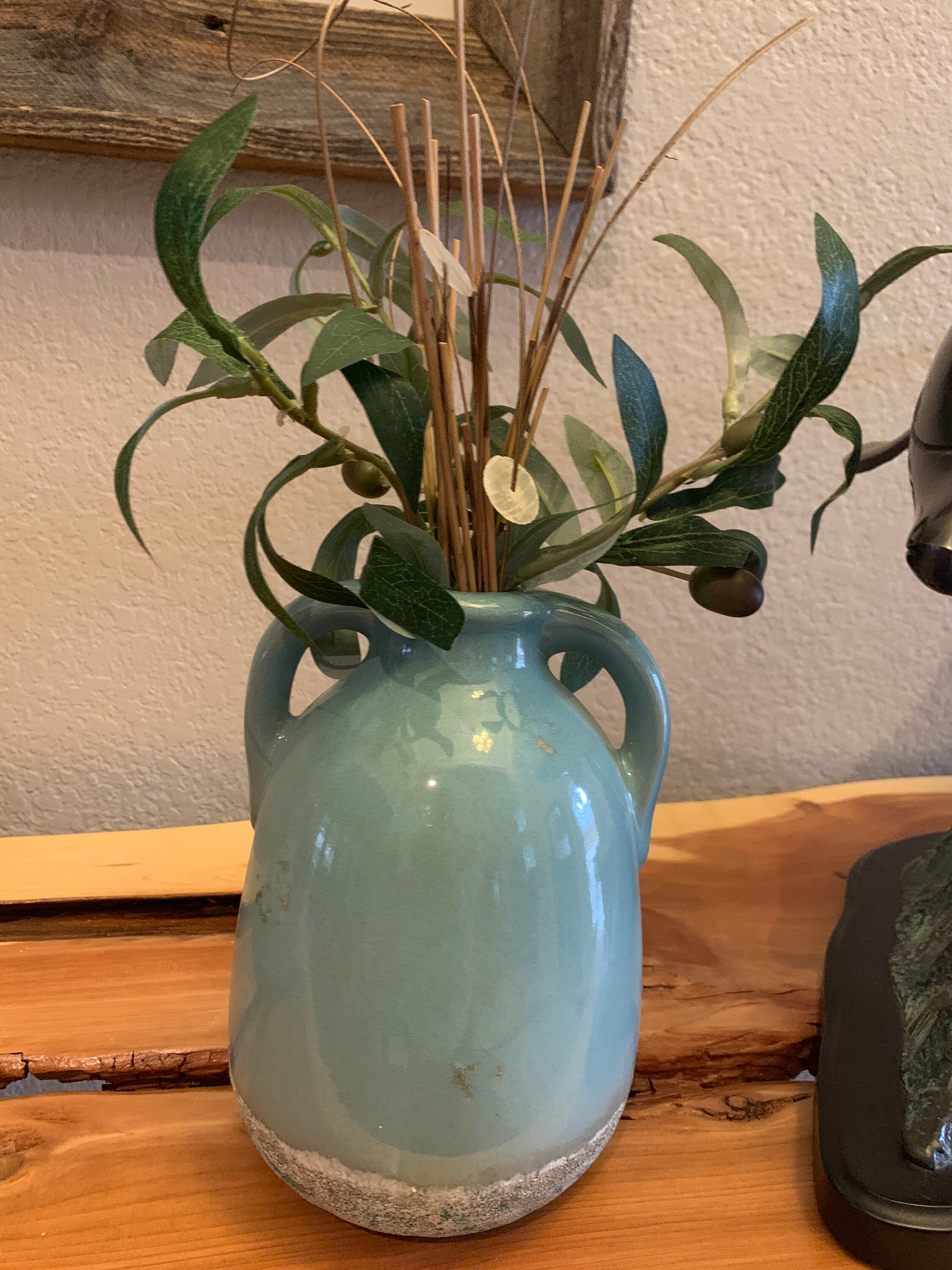 Set of 2 Coastal Blue/Green Vases with Faux Floral & Greenery Etsy