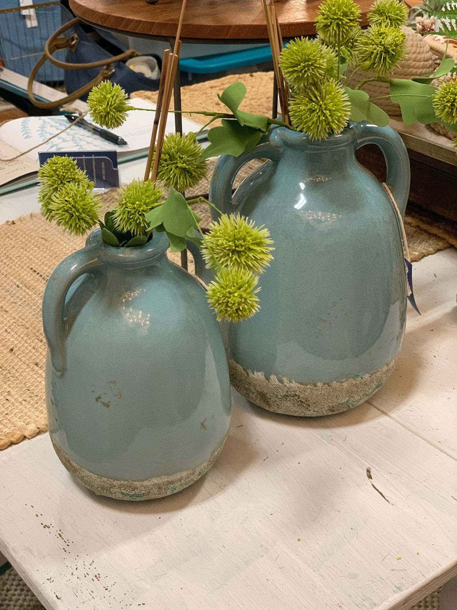 Set of 2 Coastal Blue/Green Vases with Faux Floral & Greenery Etsy