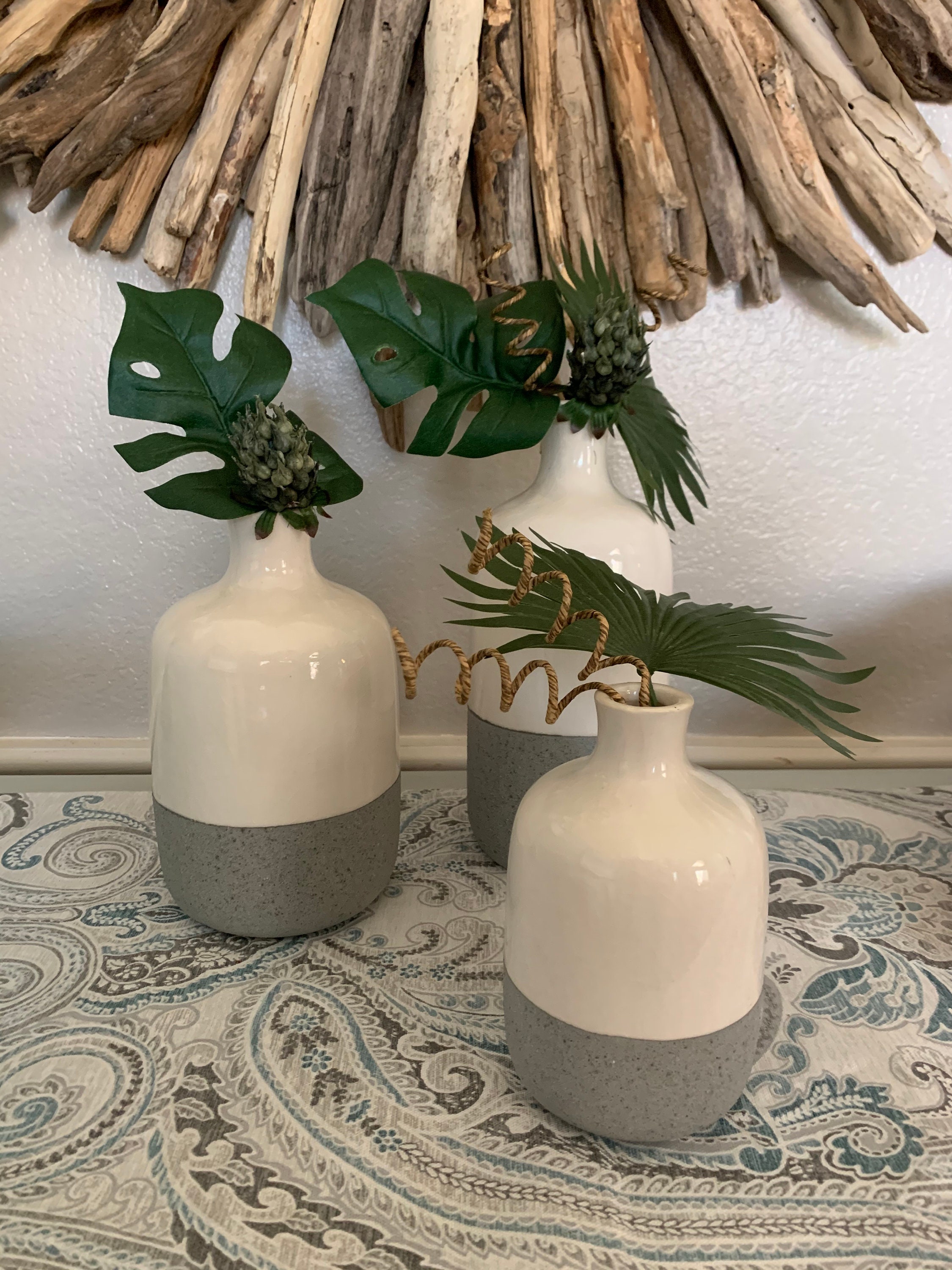 Set of 3 Blue and White Coastal Vases with Faux Greenery Etsy