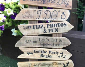 Personalised order of the day wedding sign post. Rustic signs. Directional signs. Wedding props & decorations.