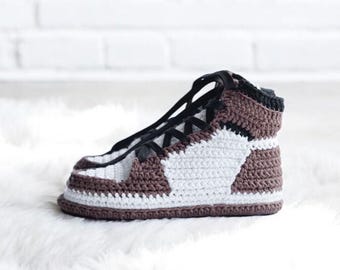 Jordan Style AJ1 Retro Knitted Mocha Sneakers, Crochet slipper shoes, Gift For Him, Gift For Her, Gift For Sneakerhead, Interesting gift