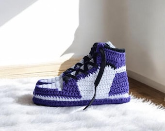 Jordan Style AJ1 Retro Knitted Purple Sneakers, Crochet slipper shoes, Gift For Him, Gift For Her, Gift For Sneakerhead, Interesting gift