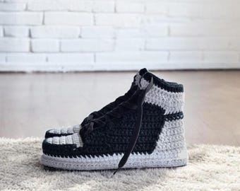 Jordan AJ1 Retro Knitted Gray-Black Sneakers, Crochet slipper shoes, Gift For Him, Gift For Her, Gift For Sneakerhead, Interesting gift