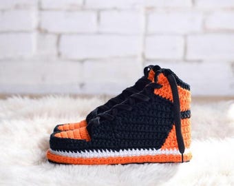 Jordan AJ1 Retro Knitted Orange-Black Sneakers, Crochet slipper shoes, Gift For Him, Gift For Her, Gift For Sneakerhead, Interesting gift