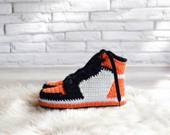 Jordan-Style Sneaker Slippers, Orange sneaker, Crochet sneaker, Gift For Him, Gift For Her, Gift For Sneakerhead, Basketball Fan Gift