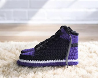 Jordan-Style Sneaker Slippers, Purple-Black sneaker, Crochet sneaker, Gift For Him, Gift For Her, Gift For Sneakerhead, Basketball Fan Gift