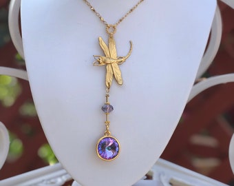 Dragonfly Necklace Swarovski Chaton Rivoli Pendant