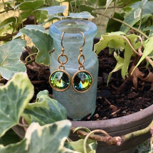 Rivoli Cut Sparkling Earrings Gold Plated Ear-wires Green Facets