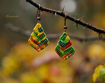 Bright macrame earrings.