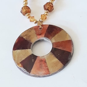 Multi-colored Wood Donut, Swarovski, Topaz, Copper, Preciosa, Curved Tube beads, Necklace, Toggle Clasp, Under 25.00