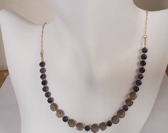 Amethyst Smoky Quartz Necklace Earring Set: Gold-Finished Brass Chain
