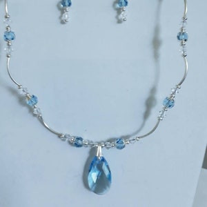 Aquamarine Pear, Pendant, Swarovski, Crystal, Curved Tube beads, Cable Chain, Toggle Clasp, Bail, Necklace, Earrings, Under 35.00