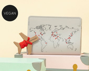 Vegan Stitch where you've been! Travel Passport Cover - Light Grey (faux leather) with map design, needle & thread