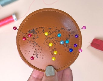 World Map Pin Cushion to pinpoint you travels - Brown leather